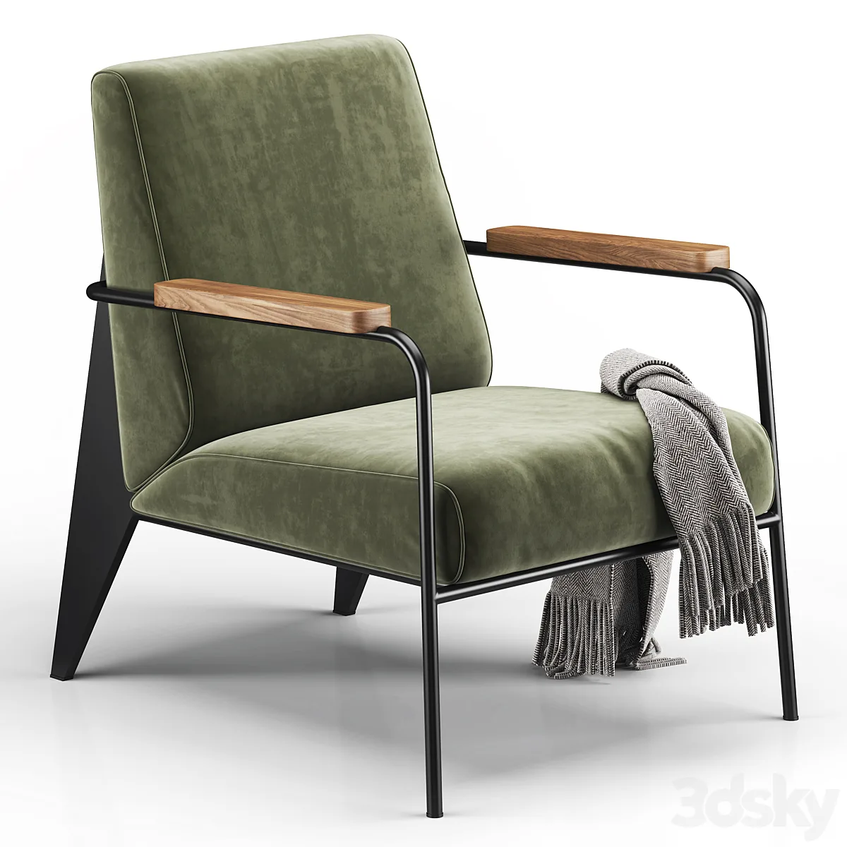 Fauteuil armchair model with olive velvet, wood armrests and black metal frame