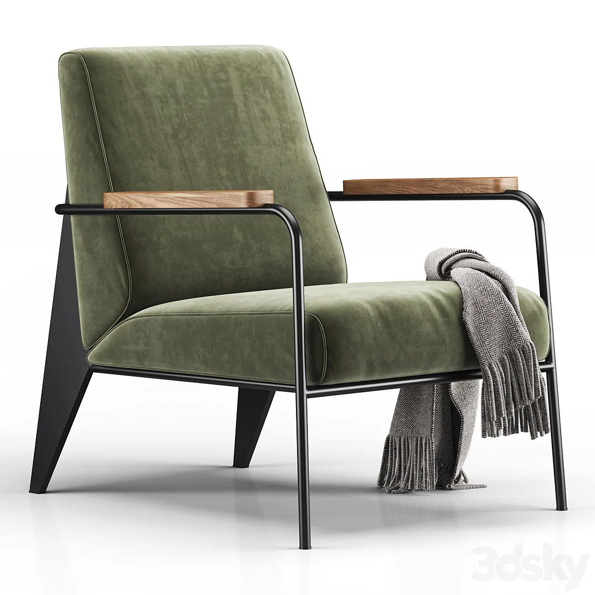 Olive velvet Fauteuil armchair with wooden armrests